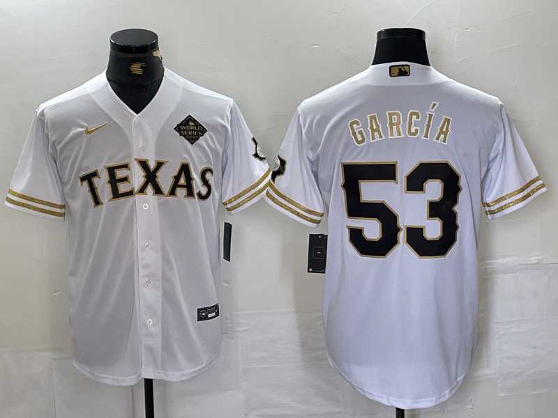 Mens Texas Rangers #53 Adolis Garcia White Gold Cool Base Stitched Baseball Jersey